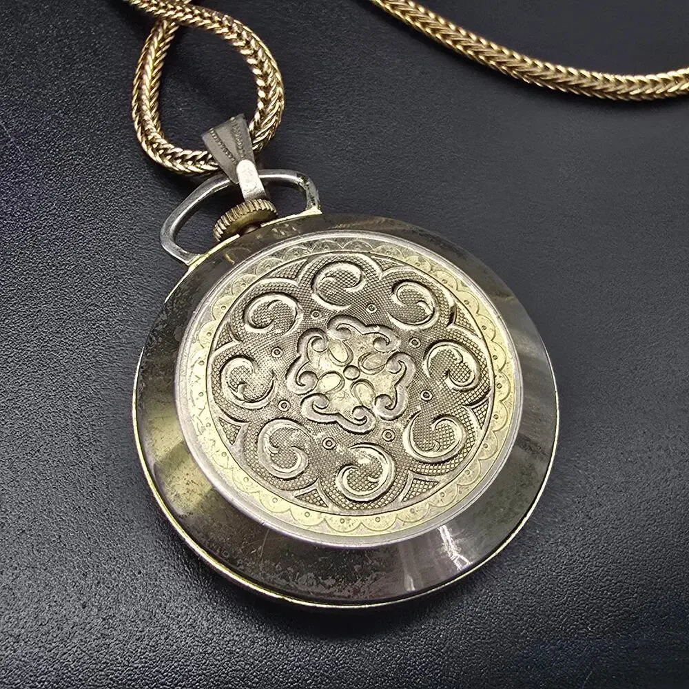Vintage Harvester Watch Pendant Necklace Gold Tone Mechanical WORKS